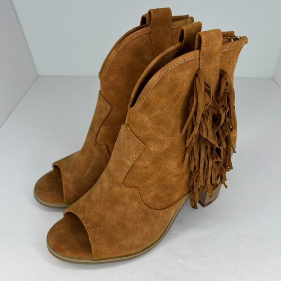Comfort Womens Brown Fringe Faux Suede Peep Toe Block Heel Size 8 Ankle Bootie - Picture 1 of 9